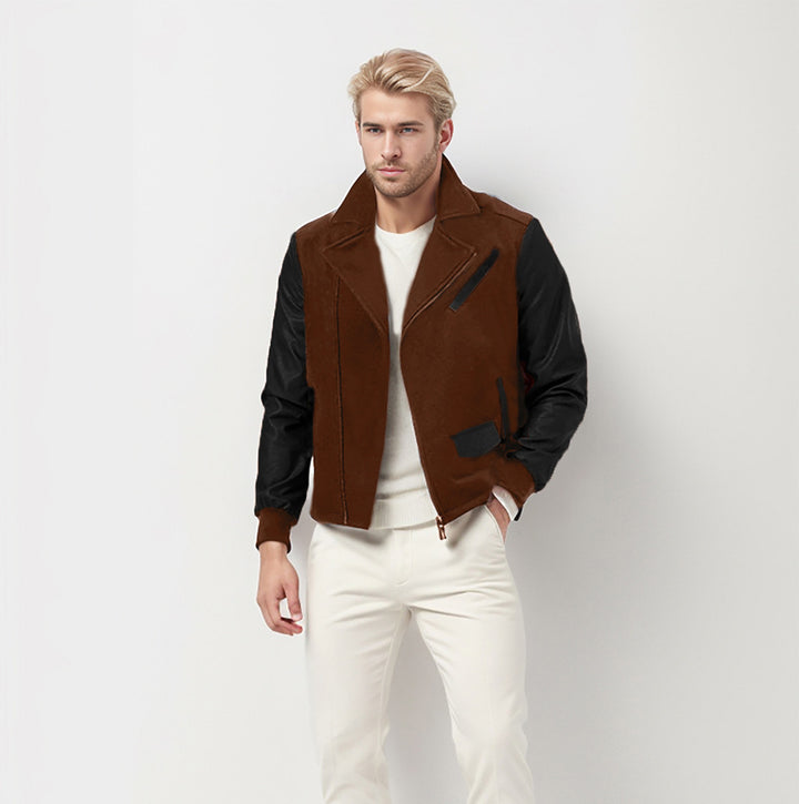 Men's short jacket in aviator style with contrast sleeves and asymmetric zipper Mune Fashion