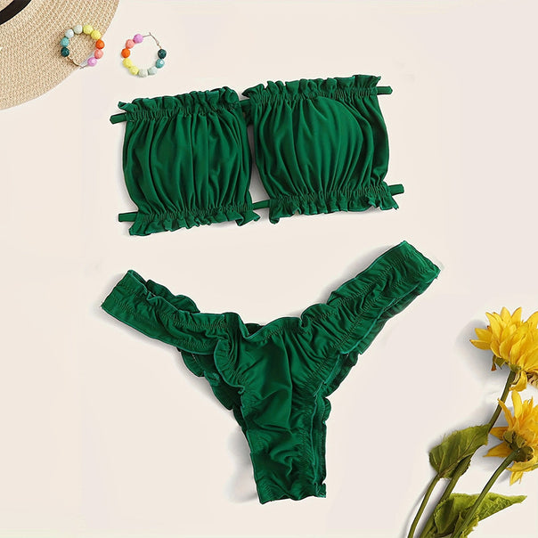 Women's Bandeau Bikini with Ruffles and Adjustable Straps Mune Fashion