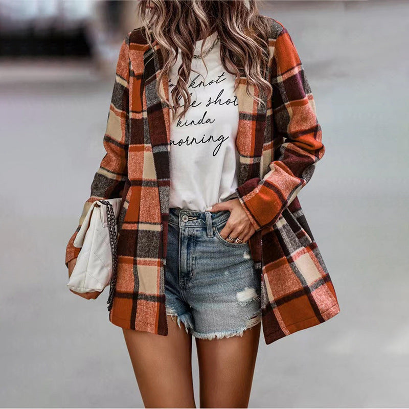 Women Checked Long Blazer Shacket Without Collar, Open Cut Mune Fashion