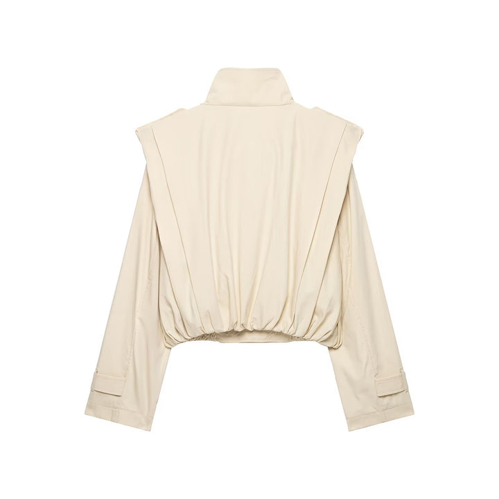 Women's Short Double-Breasted Trench Jacket with Stand Collar, Epaulettes and Elastic Hem