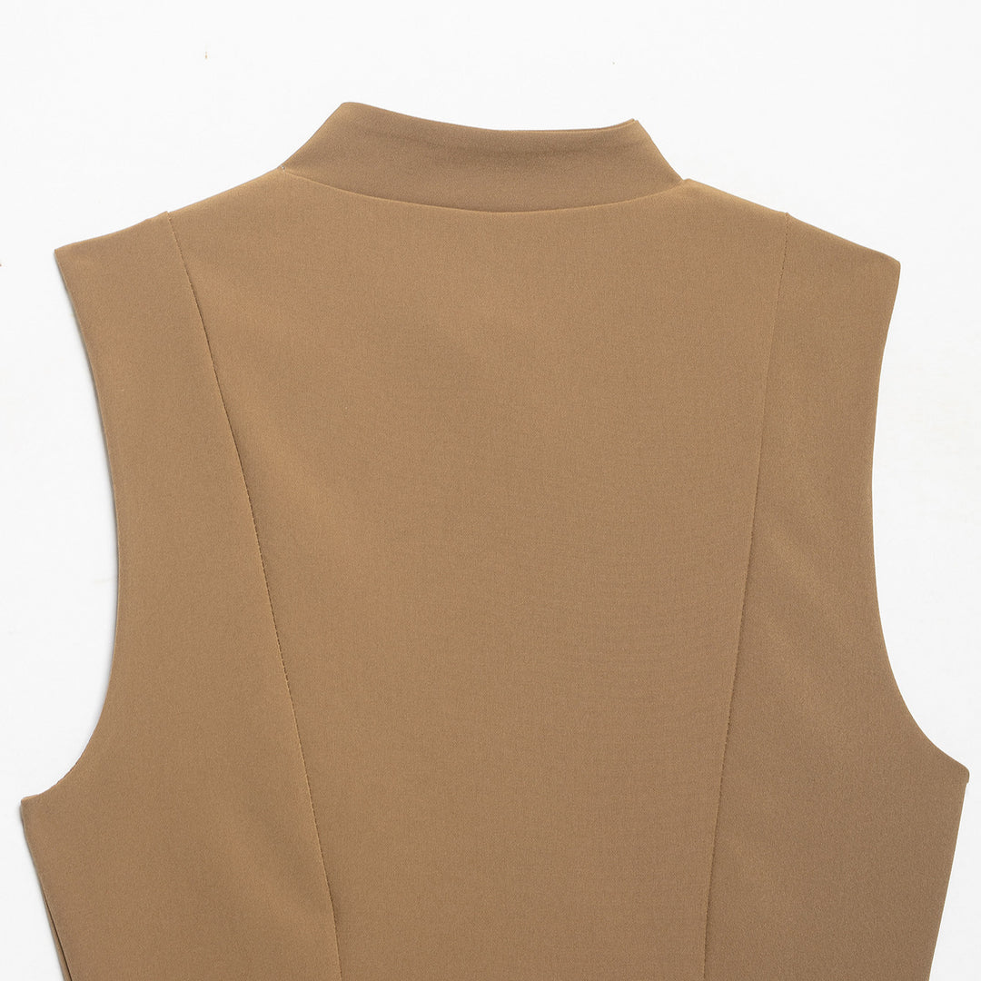 Women Double-Breasted Tailored Vest with Stand-up Collar and Waist Ruffle Mune Fashion