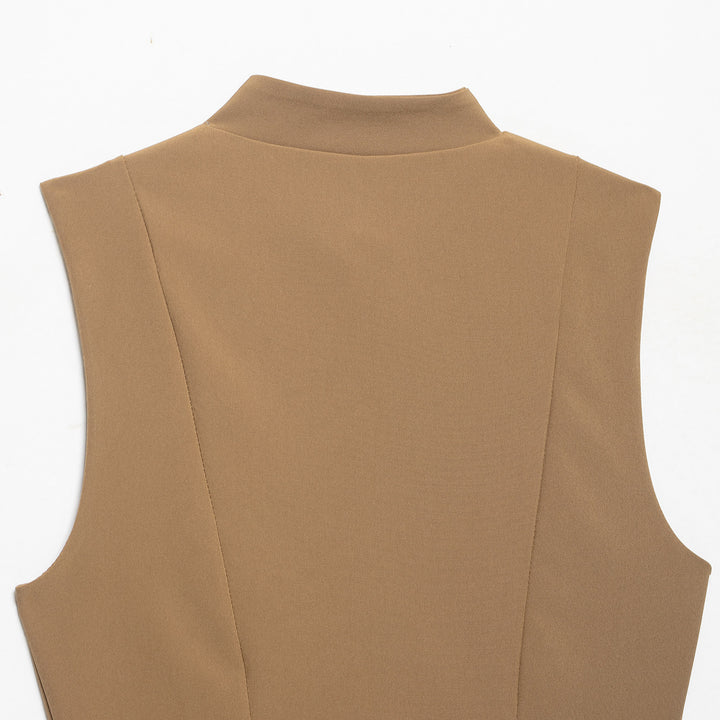Women Double-Breasted Tailored Vest with Stand-up Collar and Waist Ruffle Mune Fashion