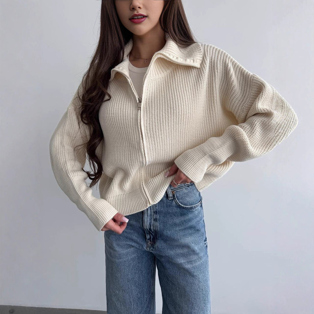Women Chunky Knit Zipper Cardigan with Balloon Sleeves and Stand-up Collar Mune Fashion
