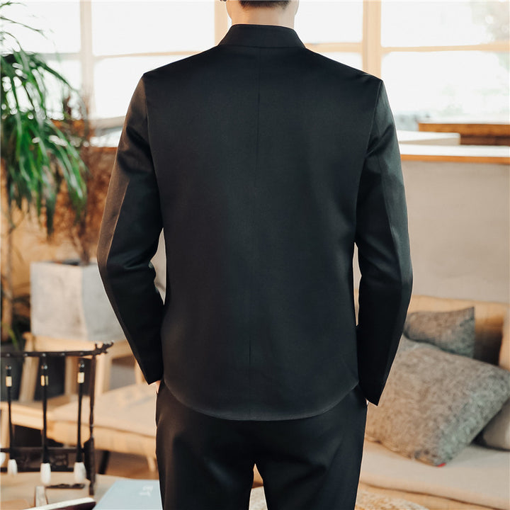 Men's Asian-inspired Mandarin jacket with stand-up collar, knot button placket, and tonal embroidered emblem Mune Fashion