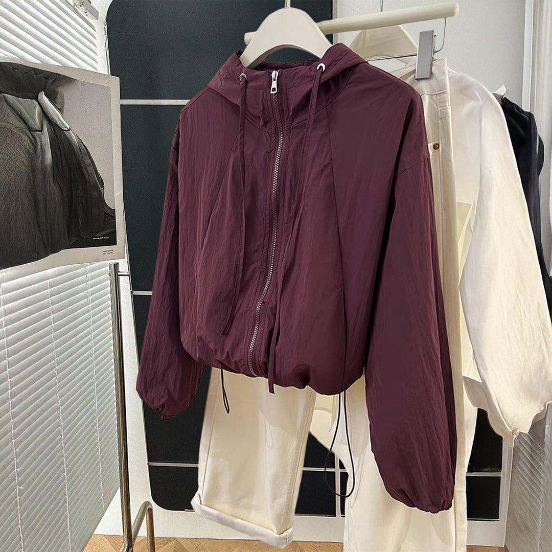 Women's lightweight hooded transitional jacket with drawstring cuffs and balloon sleeves Mune Fashion