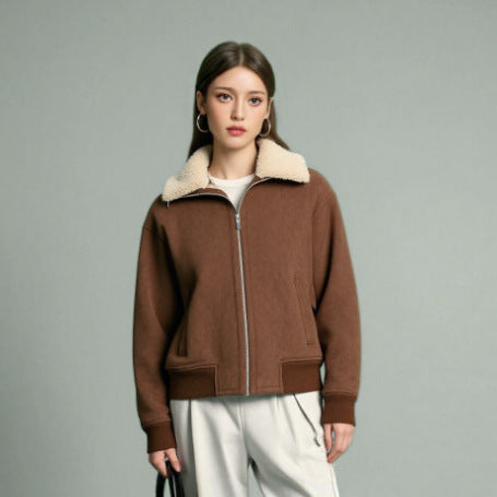 Women's Short Cut Teddy-Lined Suede Look Flight Jacket with Zipper Mune Fashion