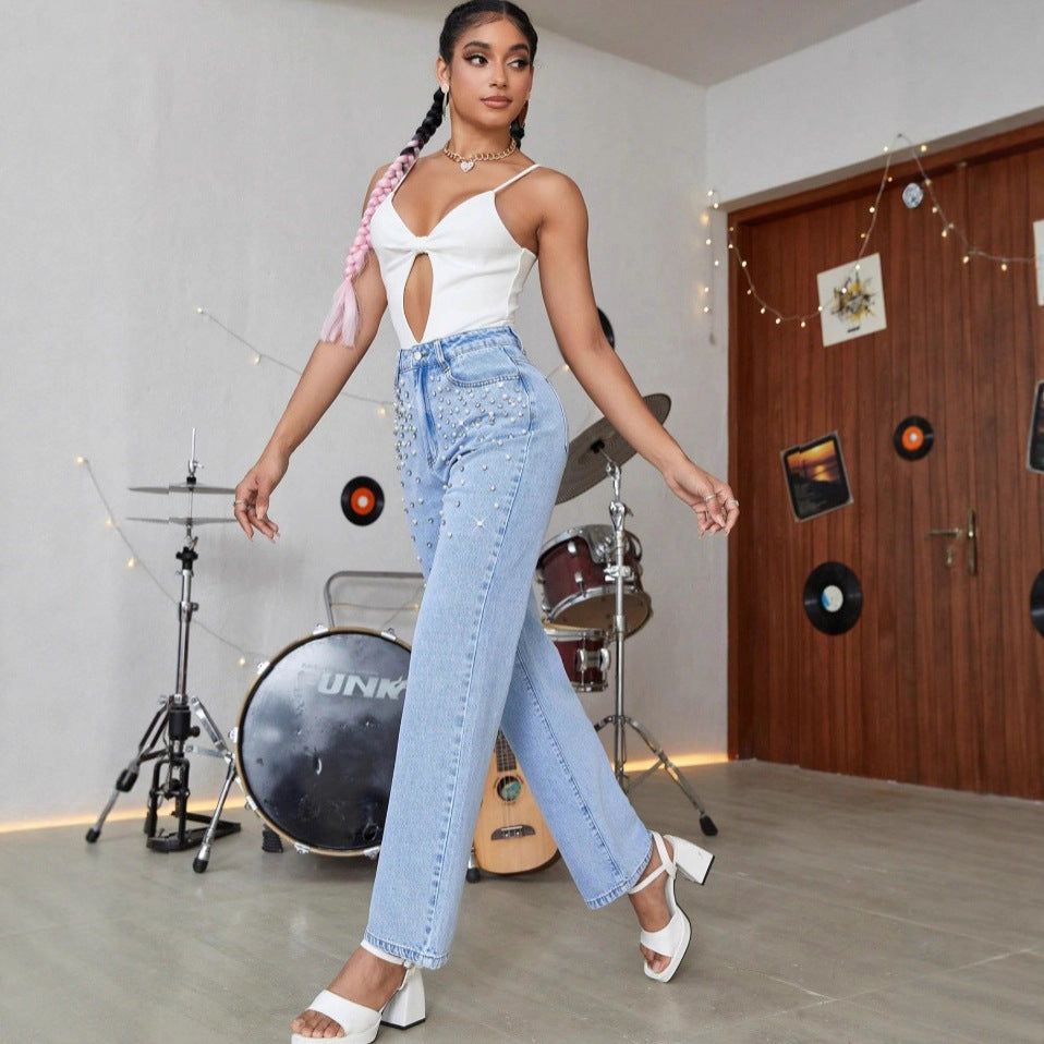 Women’s jeans with pearl appliqué, high waist and straight leg Mune Fashion