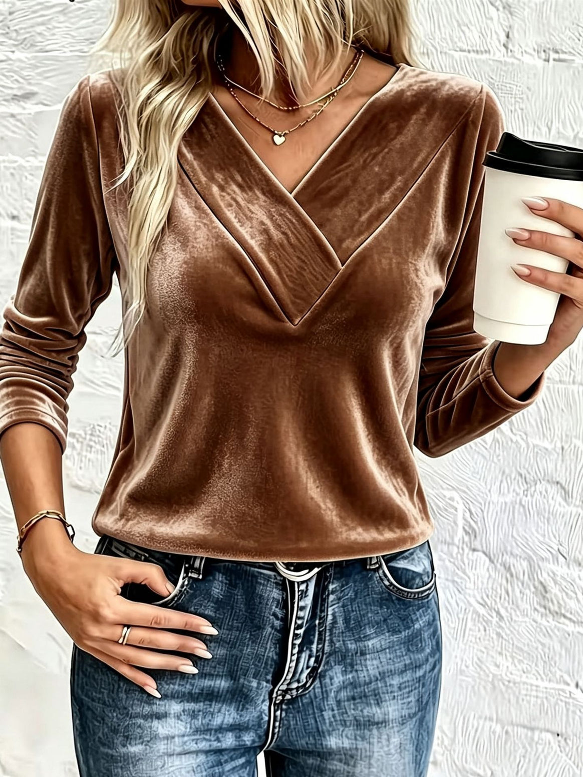 Women's Velvet Long Sleeve with Overlapping V-Neck and Feminine Draping Mune Fashion