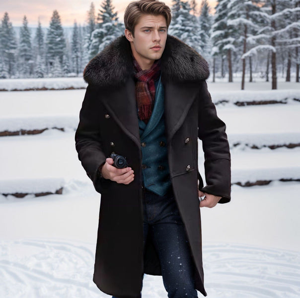 Men's Elegant Wool Jacket with Faux Fur Collar Mune