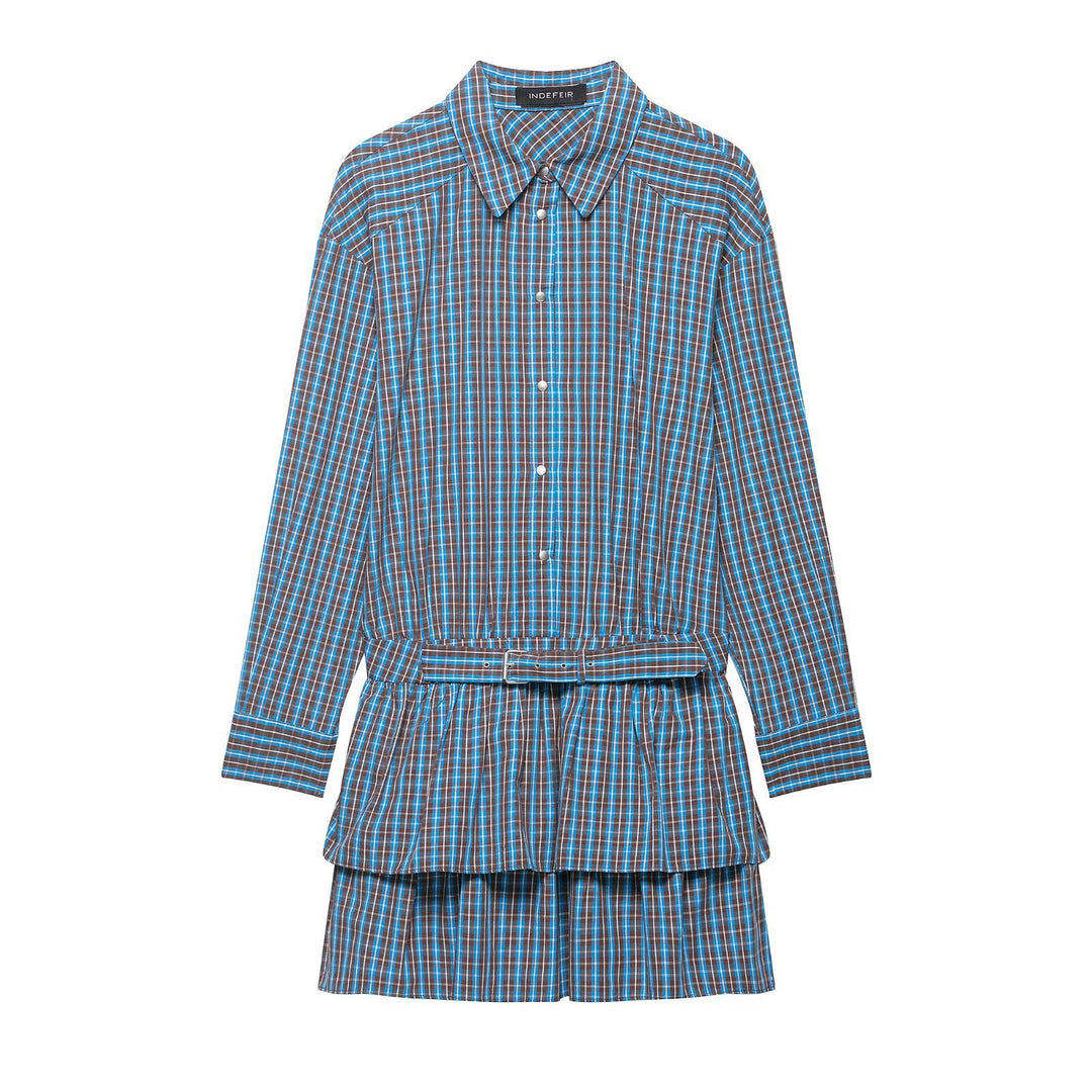 Women's Tailored Shirt Dress in Checkered Pattern with Tying Belt and Tiered Skirt Mune Fashion