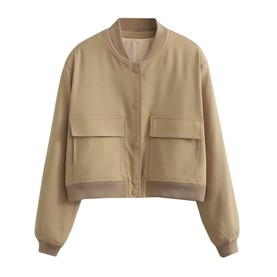 Women's Short Bomber Jacket with Leopard Print, Ribbed Cuffs, and Flap Pockets Mune Fashion