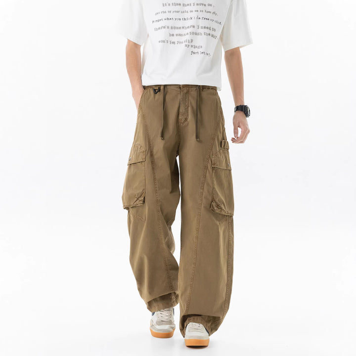 Men's military-inspired cargo pants with elastic tunnel drawstring waistband, flap and zipper pockets Mune Fashion
