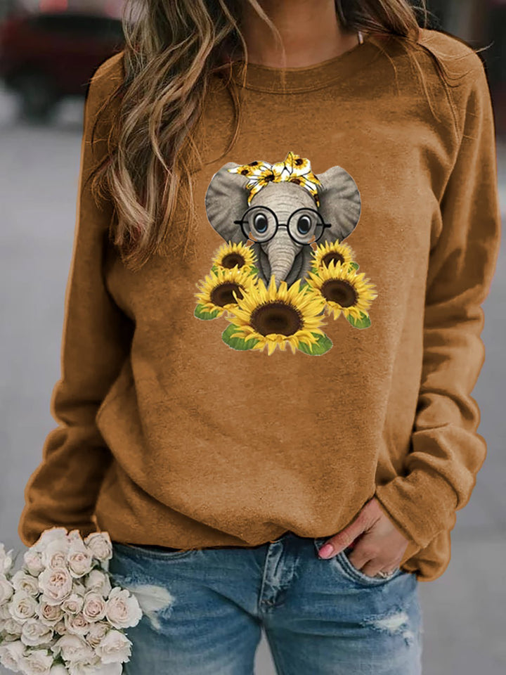 Women’s sweatshirt with elephant print, sunflower motif, and soft fleece Mune Fashion