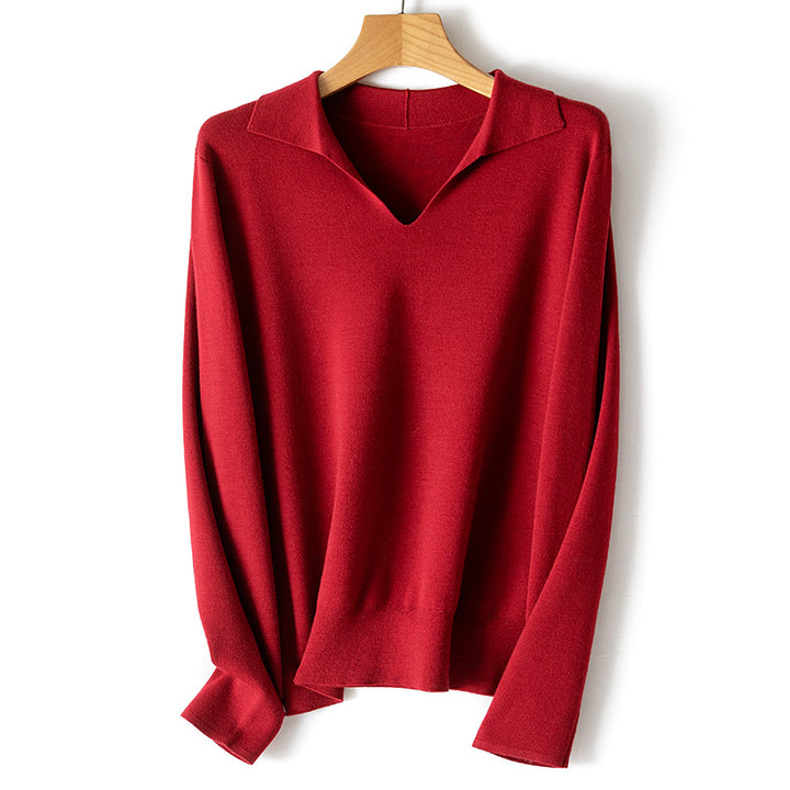 Women's fine lightweight V-neck sweater with open shirt collar and relaxed silhouette Mune Fashion