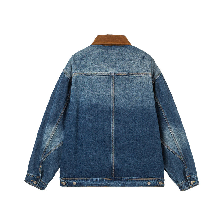 Women's Oversized Denim Jacket with Suede Collar, Concealed Zipper and Distinctive Pockets Mune Fashion