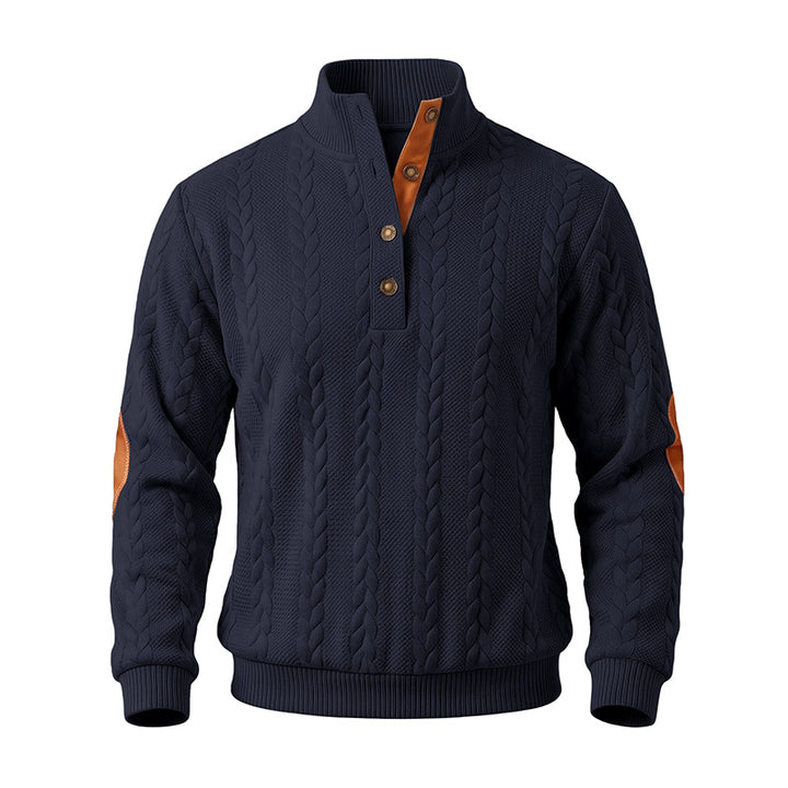 Men's troyer pullover with cable pattern, elbow patches and contrasted button placket Mune Fashion