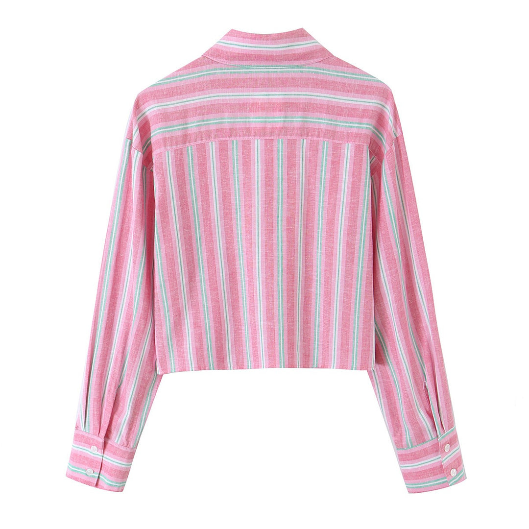 Ladies Cropped Striped Blouse with Lace Trim and Oversized Sleeves Mune Fashion