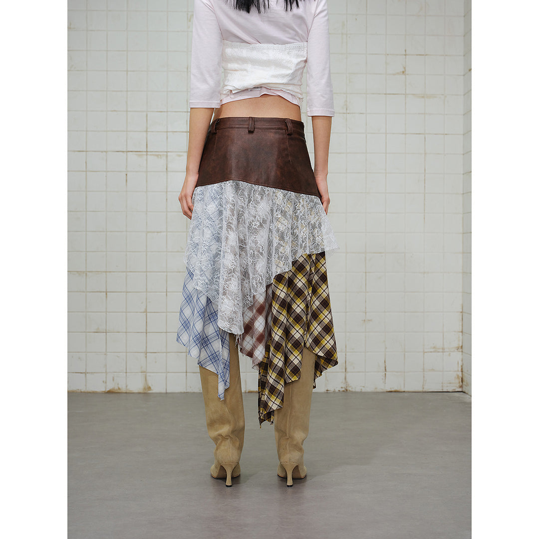 Women Asymmetrical Layered Skirt with Faux Leather Waistband and Plaid Mix Mune Fashion