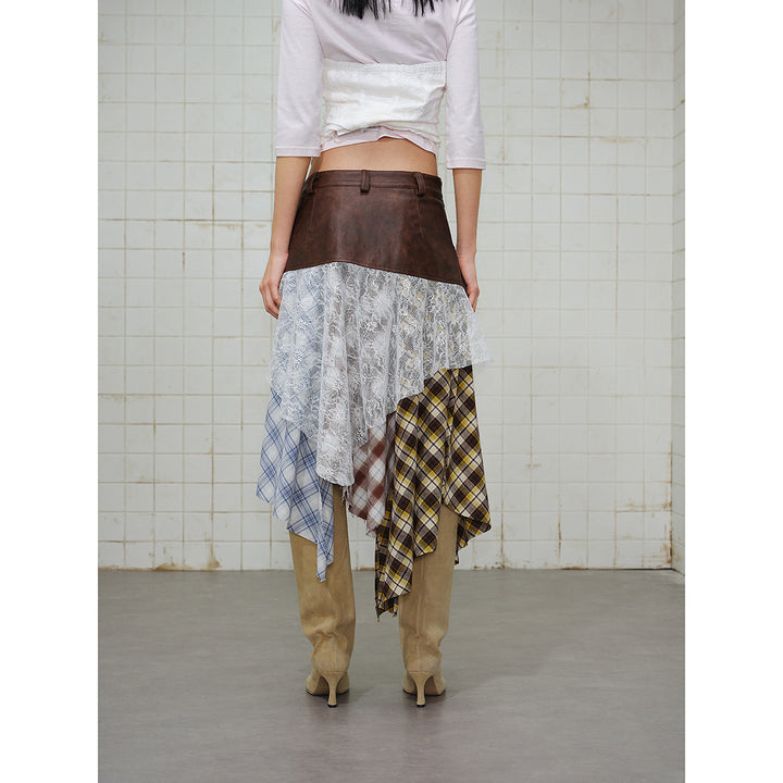 Women Asymmetrical Layered Skirt with Faux Leather Waistband and Plaid Mix Mune Fashion