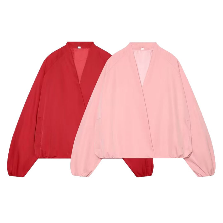 Women's Lightweight Cropped Bomber Jacket in Boxy Cut with Open Kimono Closure Mune Fashion