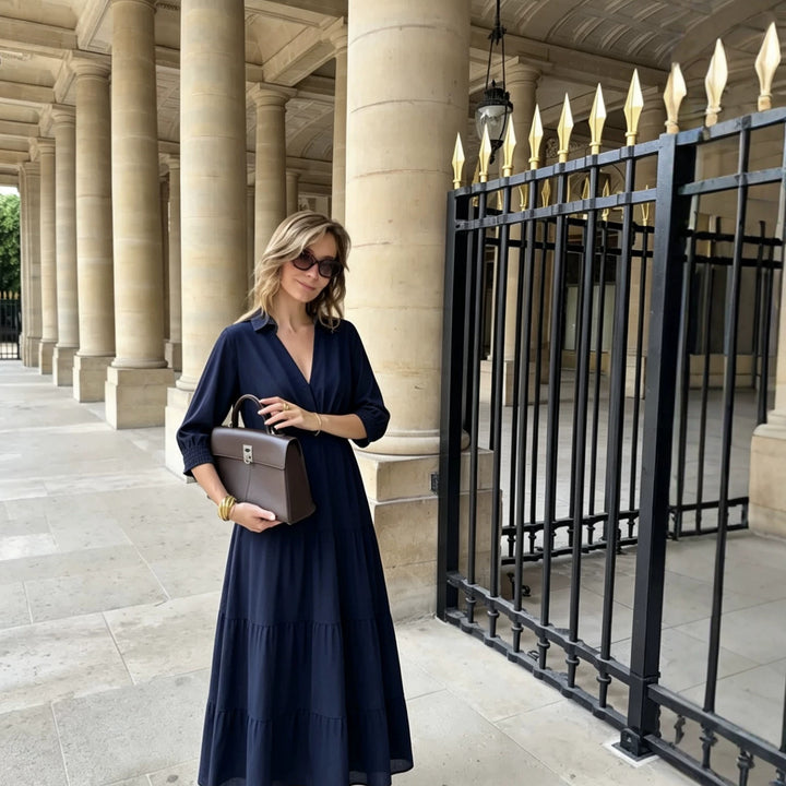 Women’s midi dress in tiered look with shirt collar, V-neck and gathered waist seam Mune Fashion