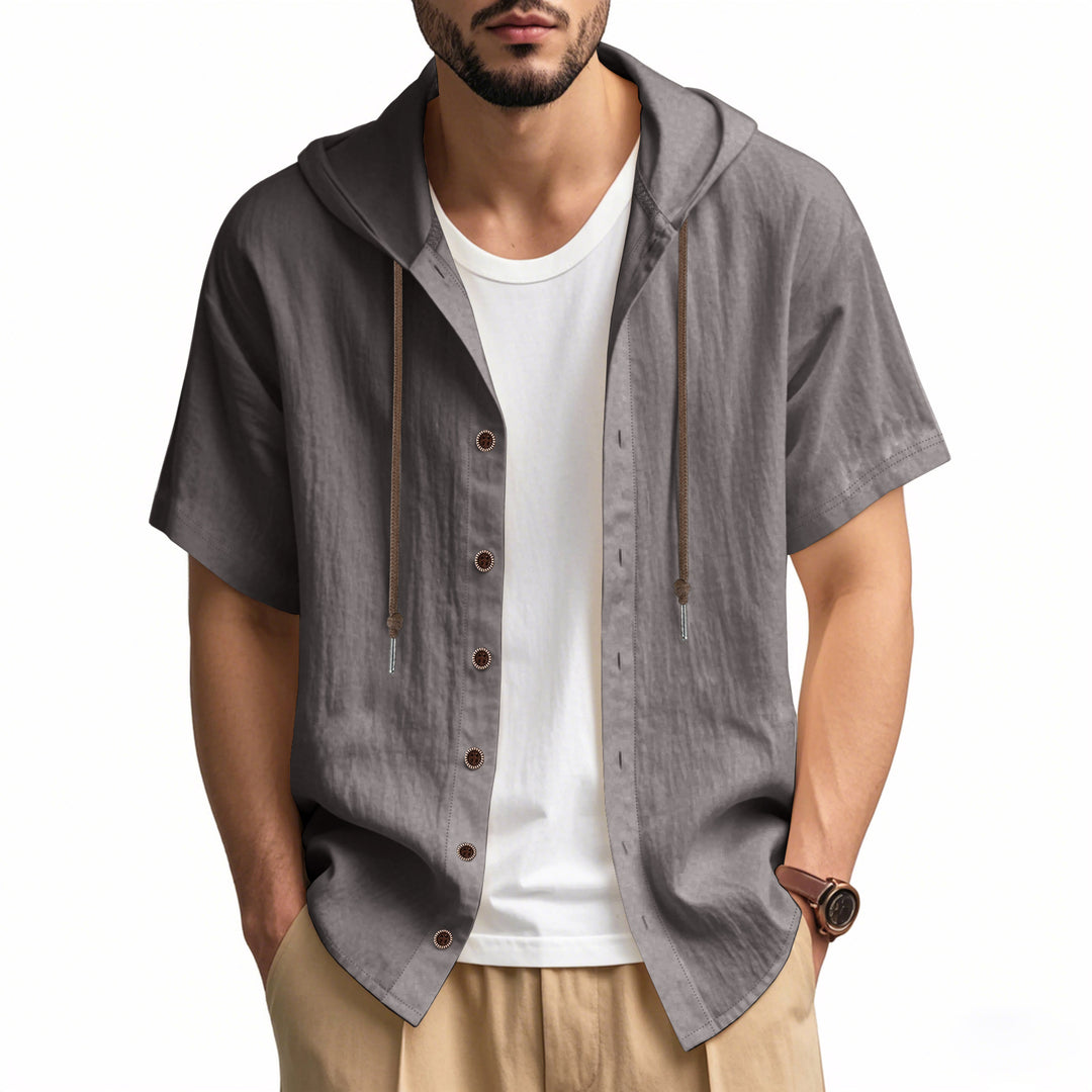 Men's breathable short sleeve hoodie made of linen blend with wooden button placket and drawstring Mune Fashion