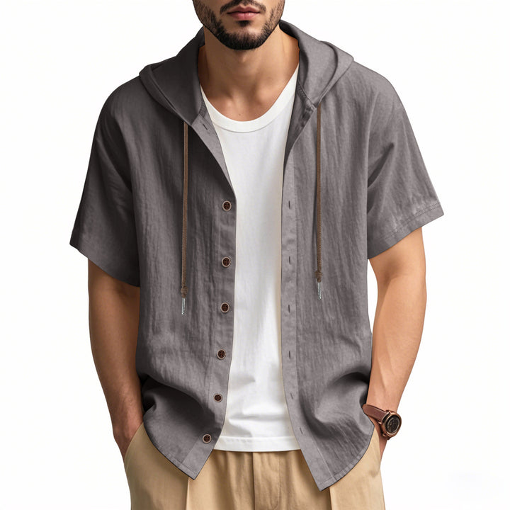 Men's breathable short sleeve hoodie made of linen blend with wooden button placket and drawstring Mune Fashion