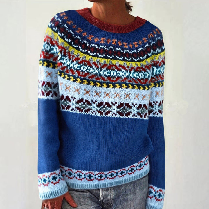Women's gray marled round neck sweater with circular jacquard yoke and ribbed hem Mune Fashion