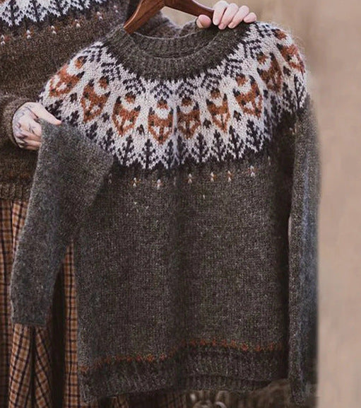 Women's Norwegian sweater made of wool blend with round neck and traditional Fair Isle yoke Mune Fashion