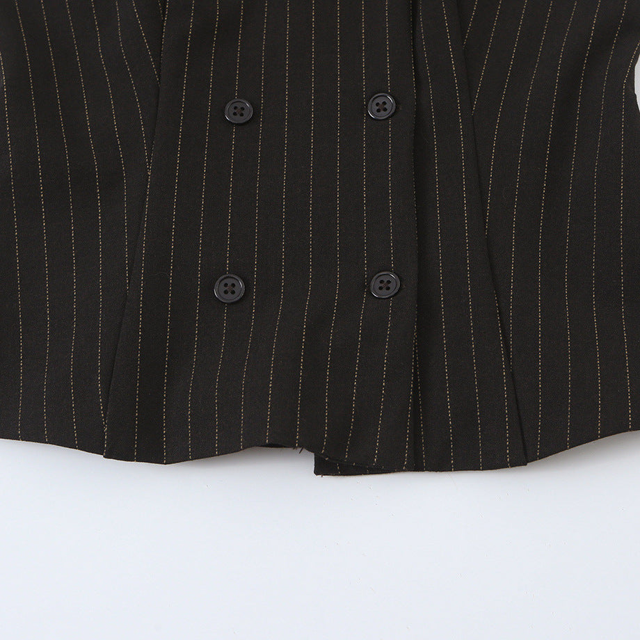 Women Tailored Short Sleeve Waistcoat with Pinstripes and Double Button Placket Mune Fashion