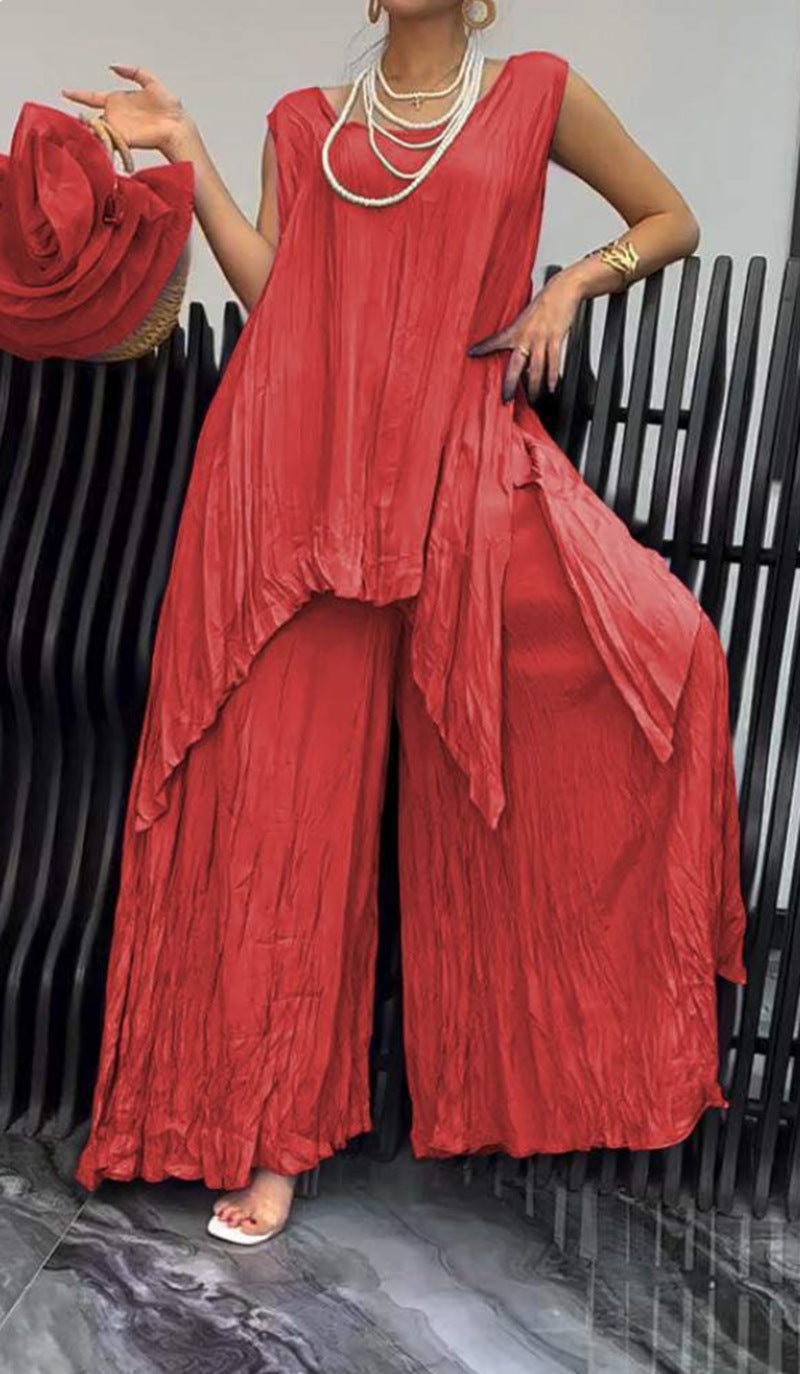 Women two-piece set in airy crinkle look with sleeveless tunic and wide palazzo pants Mune Fashion