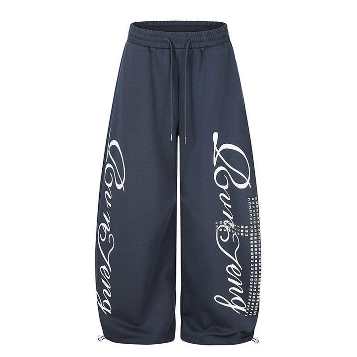 Women's Palazzo Sweatpants in Culotte Style with High Waist, Drawstring, Text Print and Rhinestone Trim Mune Fashion