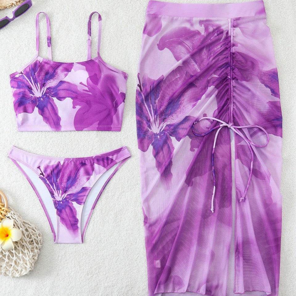 Women's bikini set with floral balconette top and transparent wrap skirt Mune Fashion