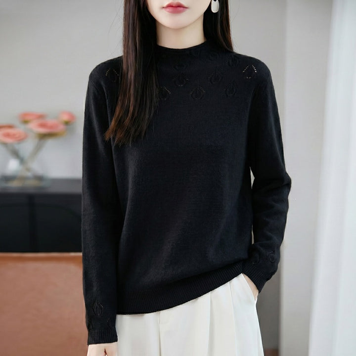 Women's Lightweight Stand Collar Sweater with Floral Lace Yoke and Fine Rib Edge Mune Fashion
