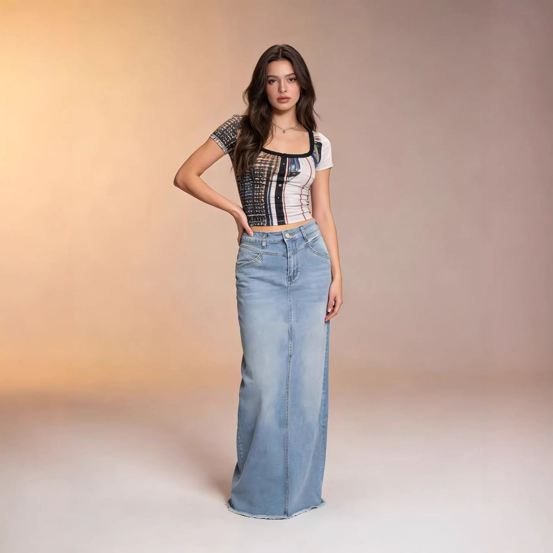 Ladies nan longer High-Waist Denim Maxi Skirt with straight silhouette and raw hem Mune Fashion