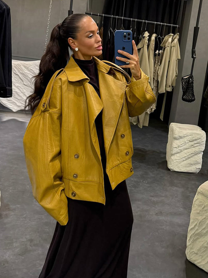 Women Oversize Leather Jacket with Voluminous Balloon Sleeves and Short Boxy Silhouette Mune Fashion