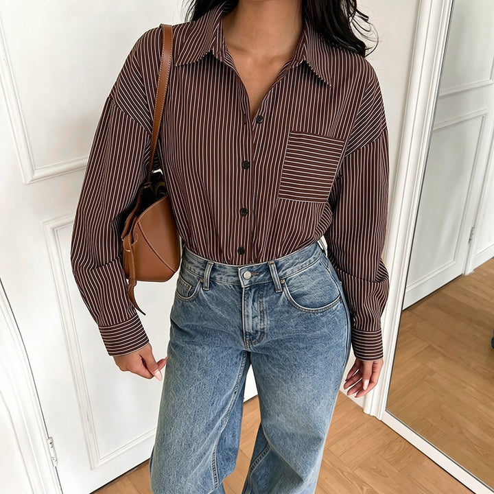 Women's Fashionable Long Sleeve Blouse with Fine Stripes Mune Fashion
