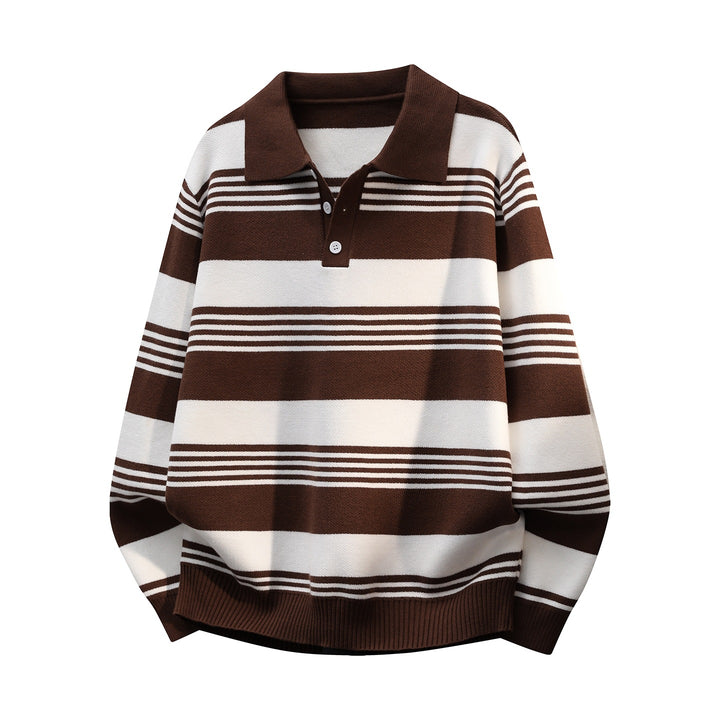 Women's Oversize Long Sleeve Polo Knit Sweater with Retro Stripes and Breast Button Placket Mune Fashion