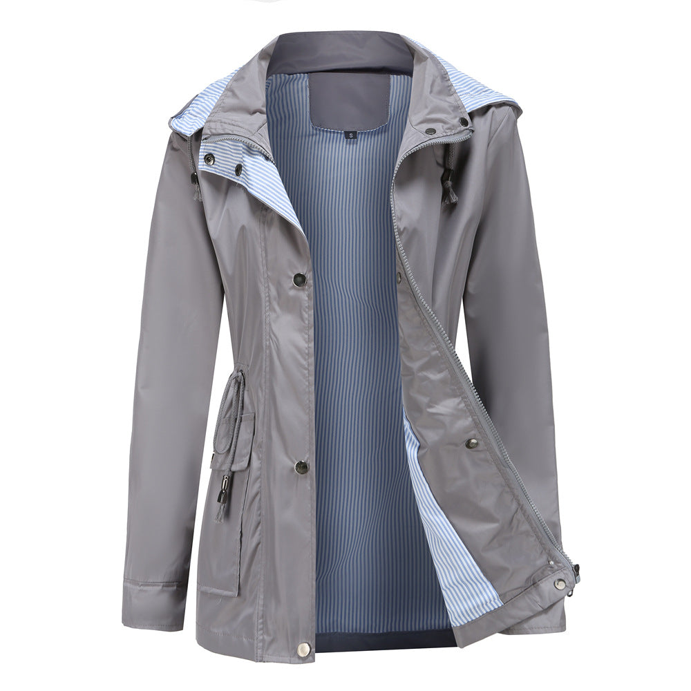 Women's lightweight waterproof rain jacket with hood and waist drawstring Mune Fashion
