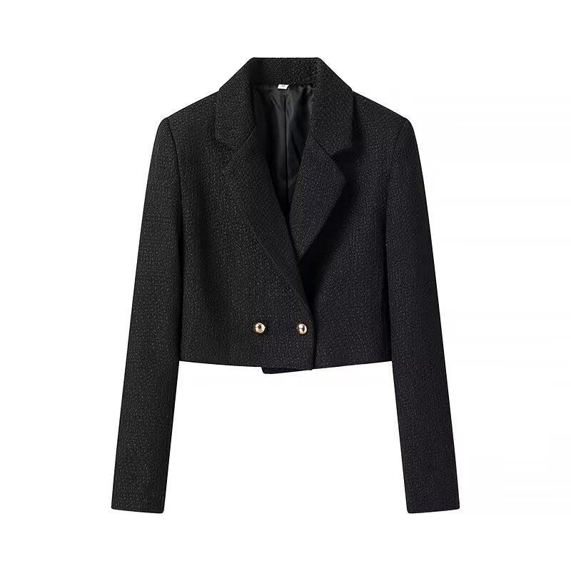 Women's Short Cut Boucle Blazer with Tailored Silhouette and Double Button Mune Fashion