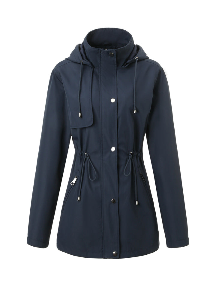 Women Lightweight Rain Parka with Hood and Waist Drawstring Mune Fashion