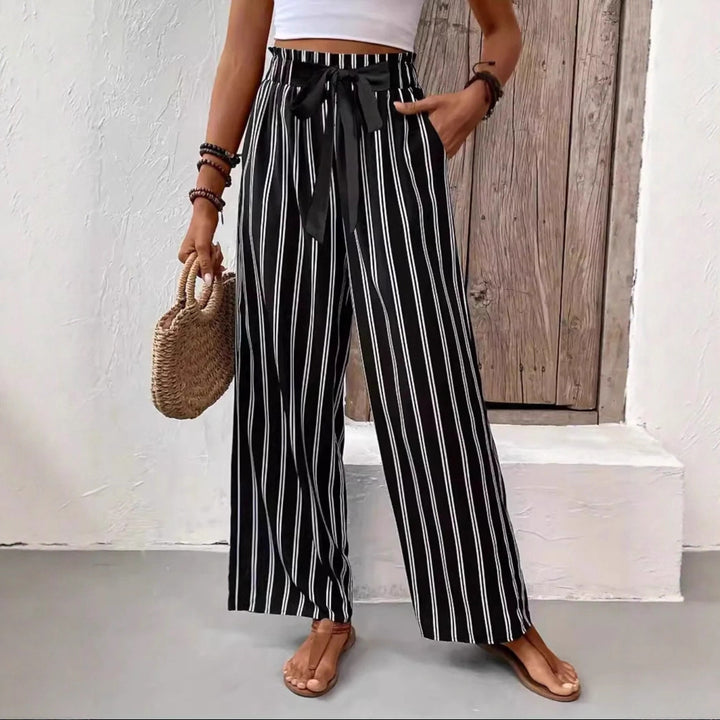 Women Striped High-Waist Paperbag Palazzo Pants with Wide Leg Drune