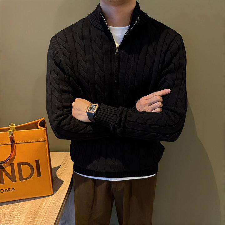 Men's Braided Knit Half-Zip Sweater with Stand-Up Collar Mune Fashion