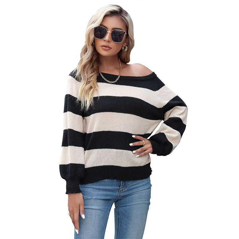 Ladies Off-shoulder Fine Knit Sweater with Wide Block Stripes and Elastic Hem Mune Fashion