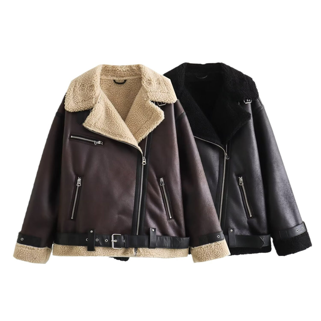 Ladies aviator jacket in biker style with teddy lining, faux leather trim and waist belt Mune Fashion