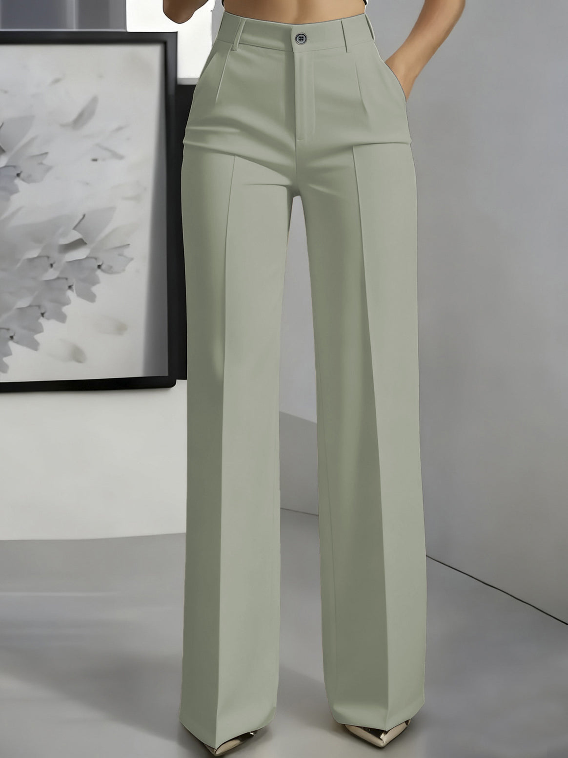 Women High-Waisted Palazzo Pants with Crease and Front Pockets Mune Fashion