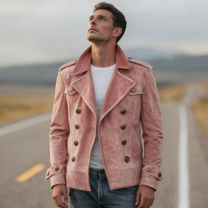 Men's double-breasted vintage leather jacket with lapel collar and shoulder patches Mune Fashion