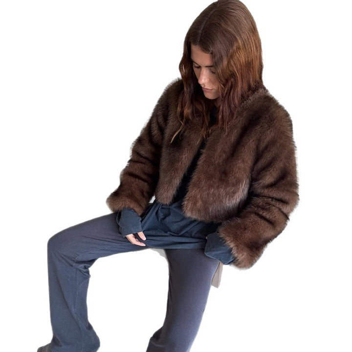 Women's Cropped Faux Fur Bolero with Boxy Silhouette and Trumpet Sleeves Mune Fashion
