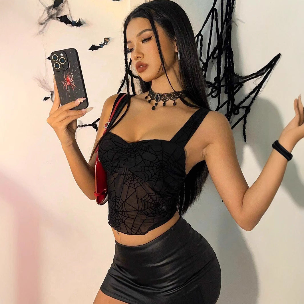 Women's transparent mesh crop top with spider web print, fitted silhouette and wide straps Mune Fashion