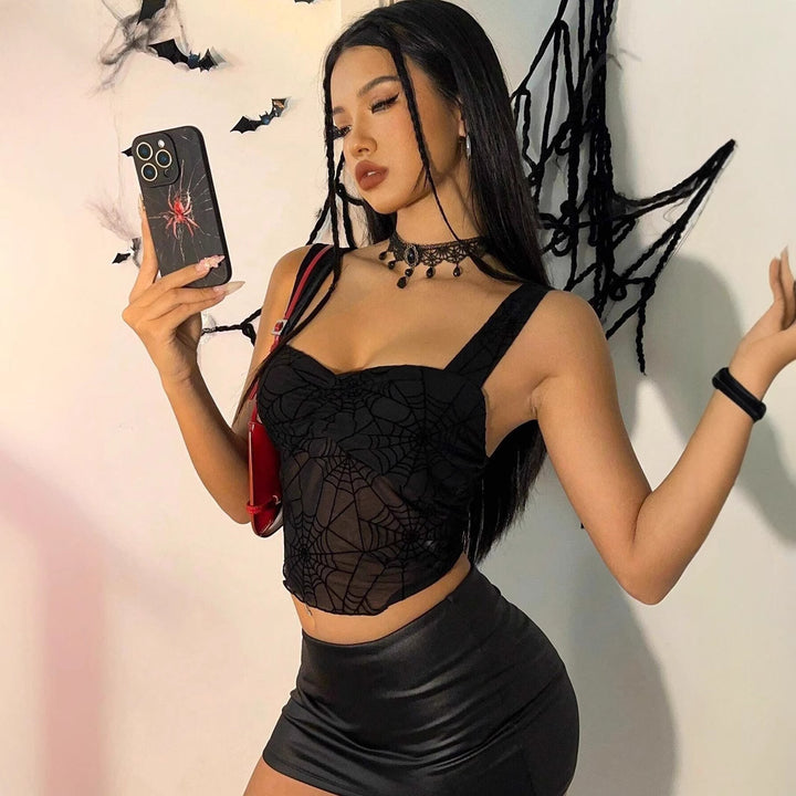 Women's transparent mesh crop top with spider web print, fitted silhouette and wide straps Mune Fashion